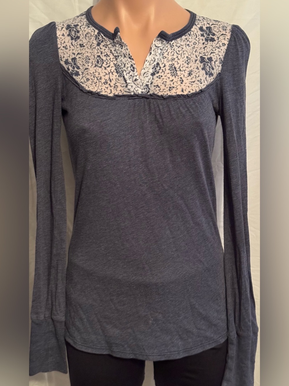 BKE Navy Long-Sleeve Tee with a White Floral Yoke